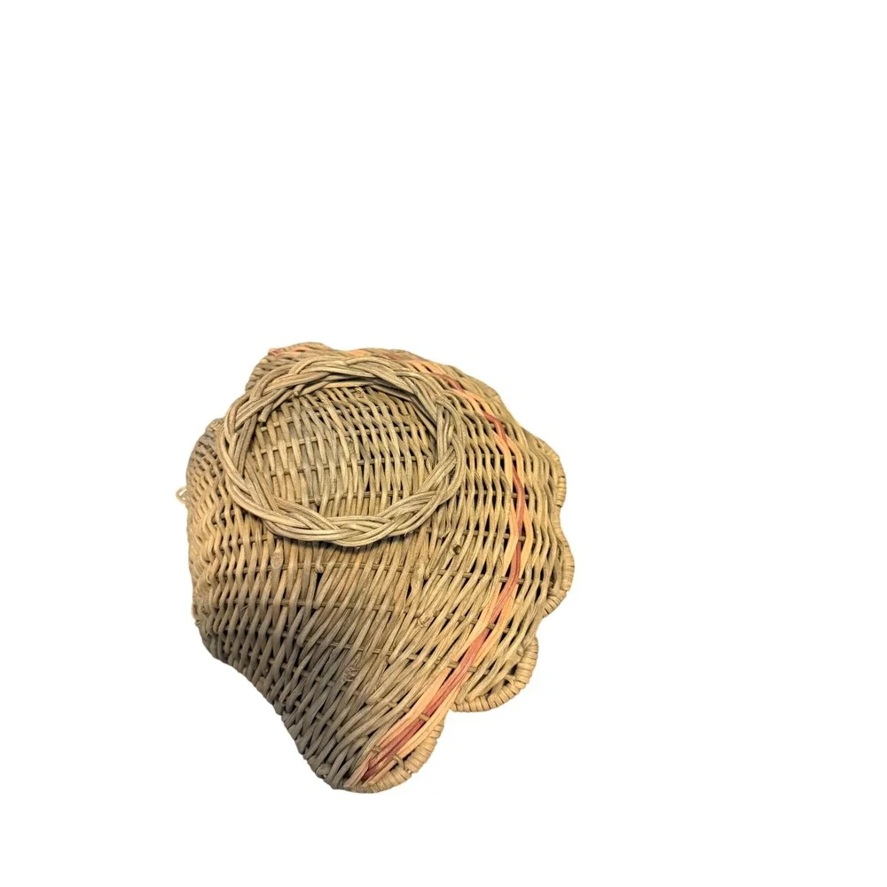 Vintage Woven Wicker Scalloped Shell Basket Coastal Nautical Decor Pink Accent